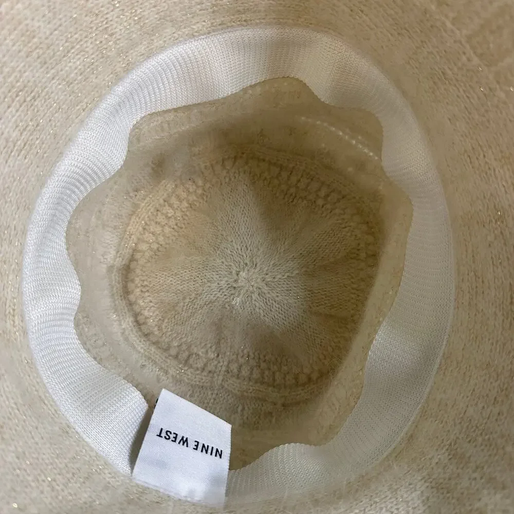 Nine West Rabbit Wool Blend Braided Knit Hat White Cream‎ Gold Accents Winter